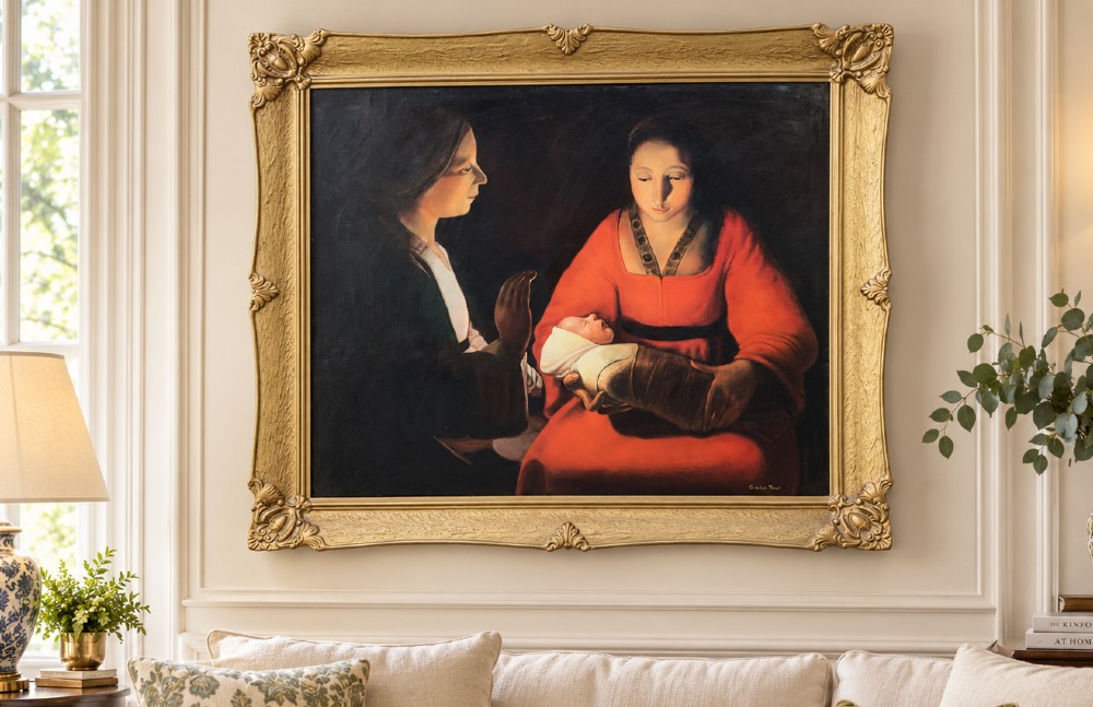 A framed twentieth-century oil painting depicting two women in dramatic candlelight illumination leaning over a swaddled infant inside an ornate gold frame. View II