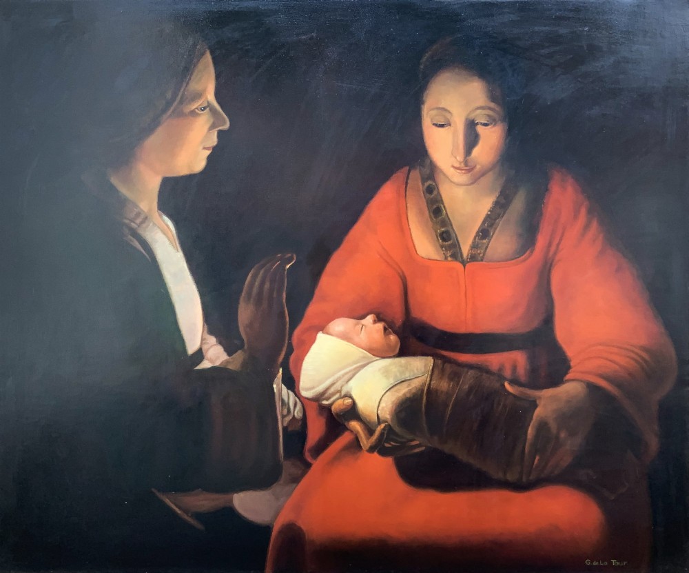 A framed twentieth-century oil painting depicting two women in dramatic candlelight illumination leaning over a swaddled infant inside an ornate gold frame. View III