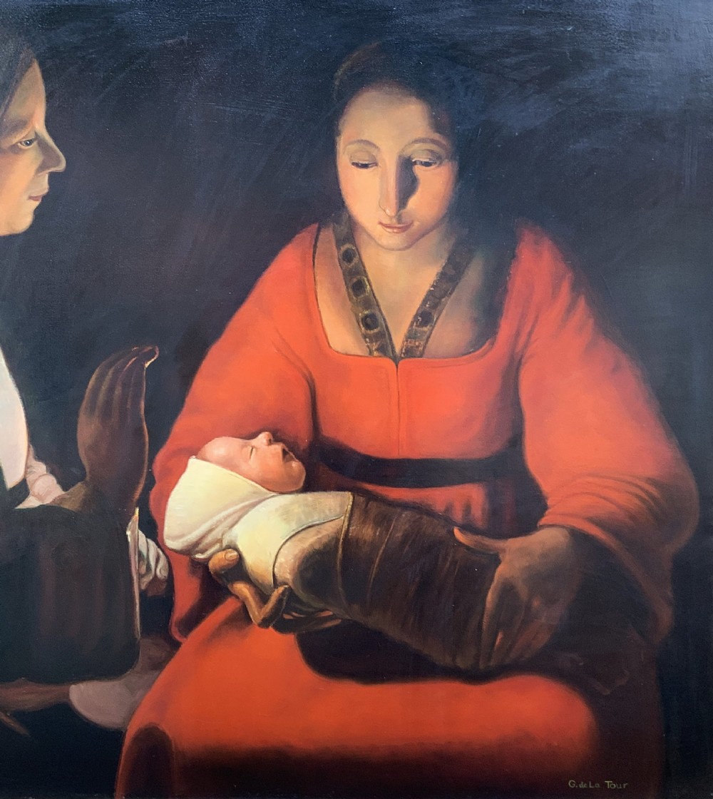 A framed twentieth-century oil painting depicting two women in dramatic candlelight illumination leaning over a swaddled infant inside an ornate gold frame. View IV
