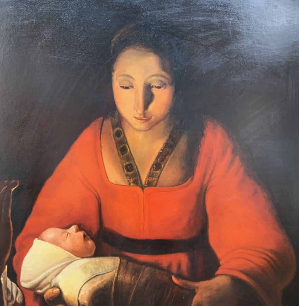 A framed twentieth-century oil painting depicting two women in dramatic candlelight illumination leaning over a swaddled infant inside an ornate gold frame. View VI