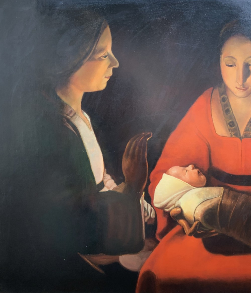 A framed twentieth-century oil painting depicting two women in dramatic candlelight illumination leaning over a swaddled infant inside an ornate gold frame. View VII