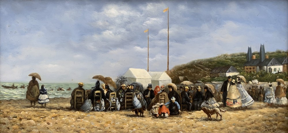 An oil painting depicting a Victorian seaside gathering on a sandy beach, enclosed within a wide carved gilt wood frame. View III