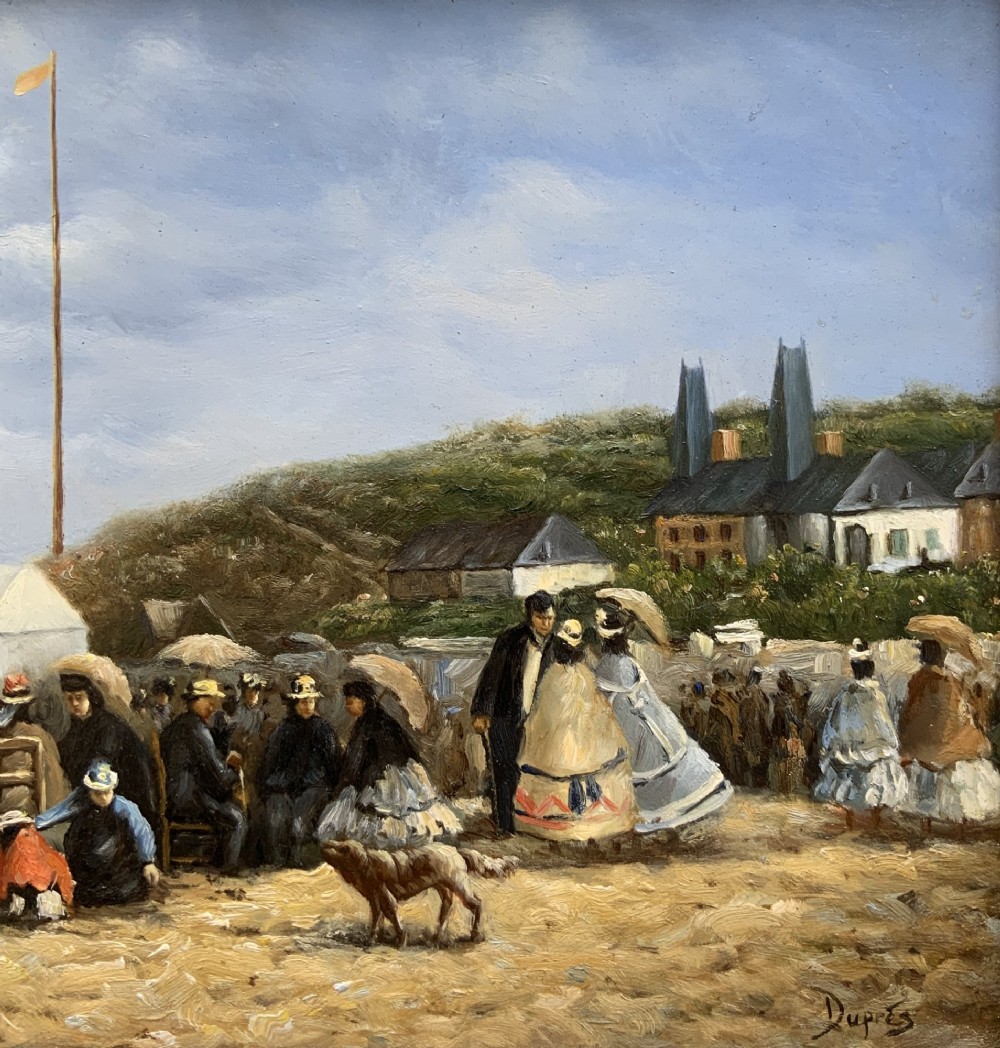 An oil painting depicting a Victorian seaside gathering on a sandy beach, enclosed within a wide carved gilt wood frame. View IV