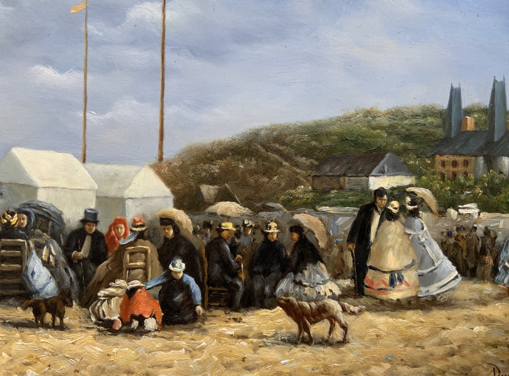 An oil painting depicting a Victorian seaside gathering on a sandy beach, enclosed within a wide carved gilt wood frame. View VI