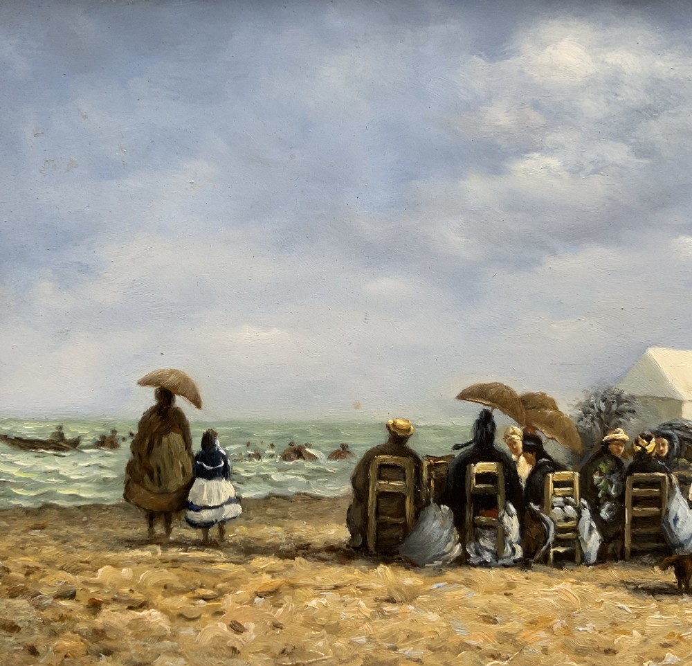An oil painting depicting a Victorian seaside gathering on a sandy beach, enclosed within a wide carved gilt wood frame. View VII