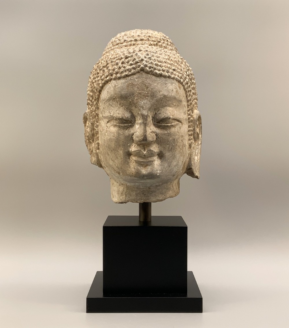 A carved limestone Chinese Buddha head featuring downcast eyes, elongated earlobes, and coiled hair, mounted on a black square stand.