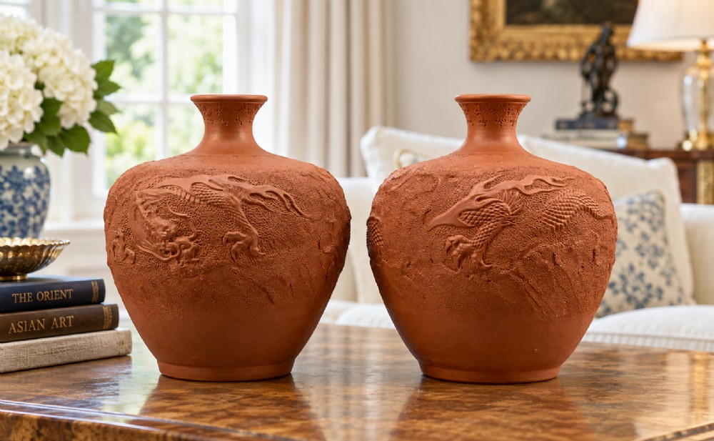 A pair of unglazed terracotta red clay vases featuring detailed relief carvings of dragons with narrow flared necks. View II