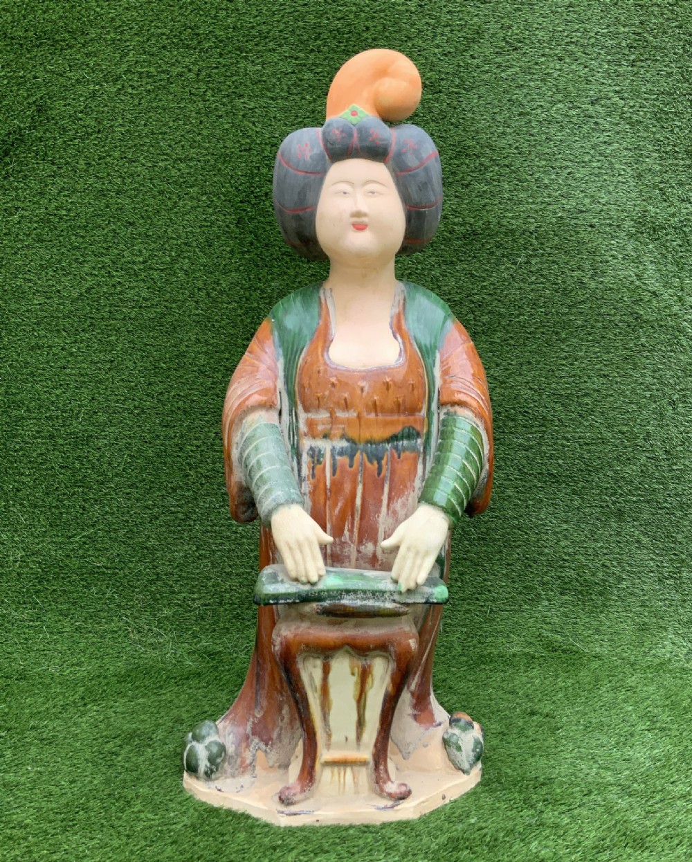A pair of standing terracotta female musician figures in Tang Dynasty style, finished with amber, green, and cream Sancai lead glazes. View VII