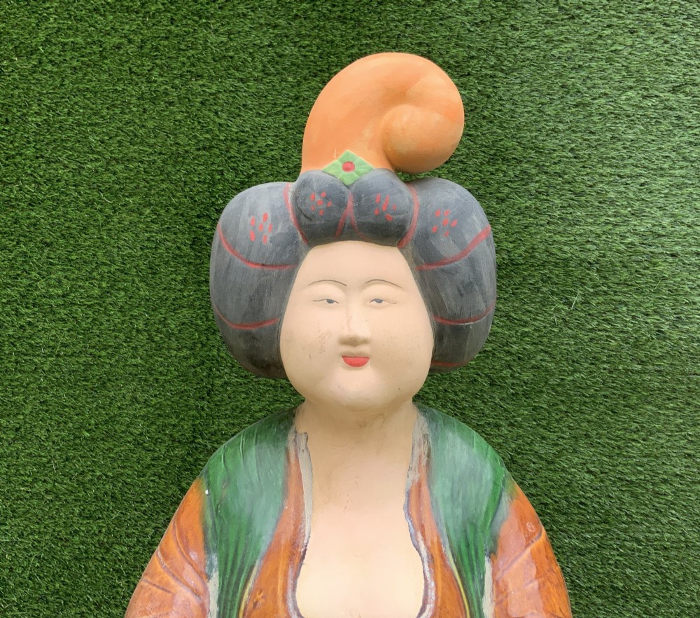 A pair of standing terracotta female musician figures in Tang Dynasty style, finished with amber, green, and cream Sancai lead glazes. View VIII