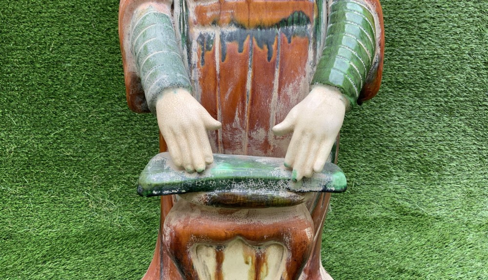 A pair of standing terracotta female musician figures in Tang Dynasty style, finished with amber, green, and cream Sancai lead glazes. View X