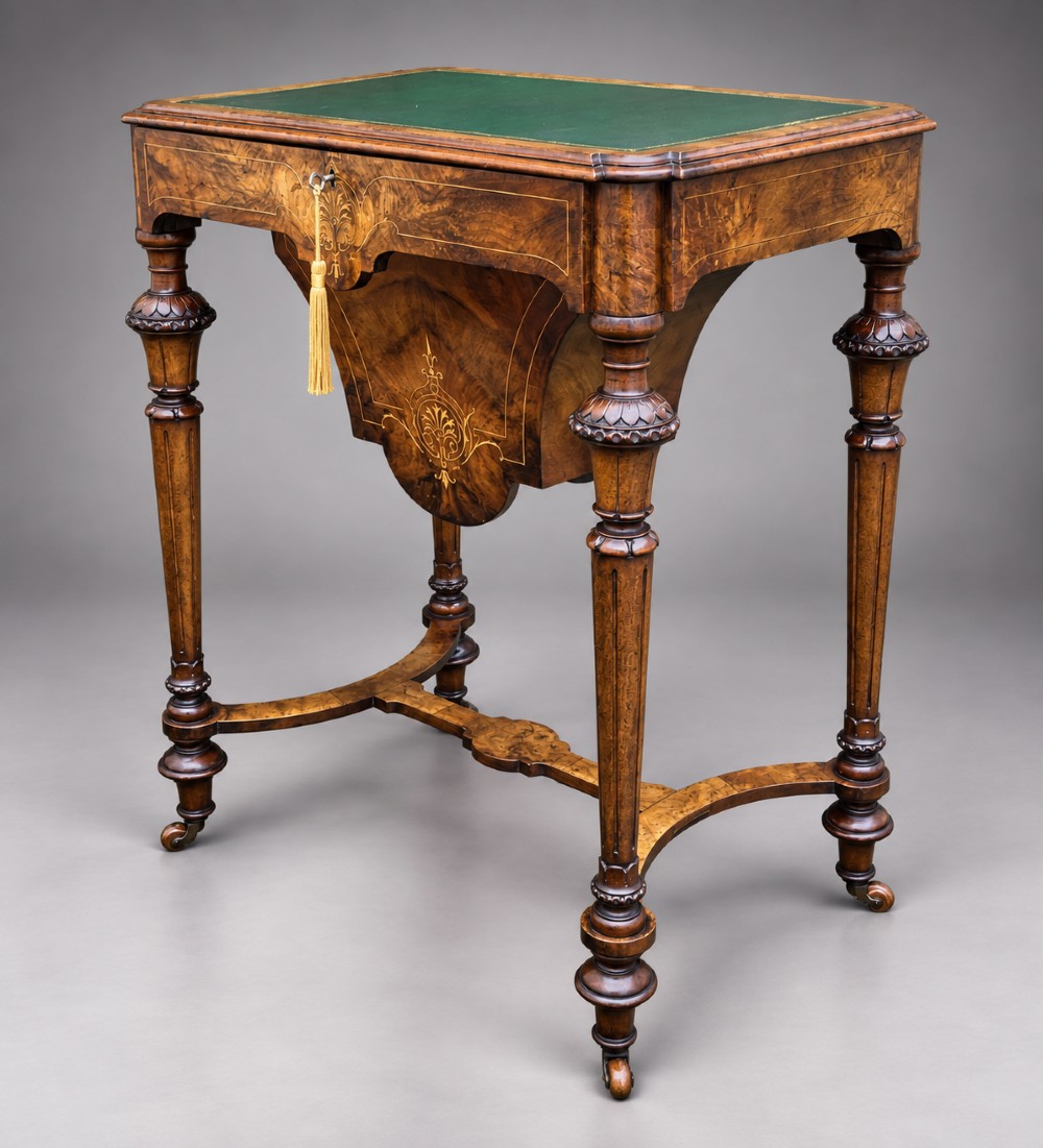 A 19th-century burr walnut work table featuring a green leather inset top, floral marquetry inlay, turned legs, and a hanging storage pouch.