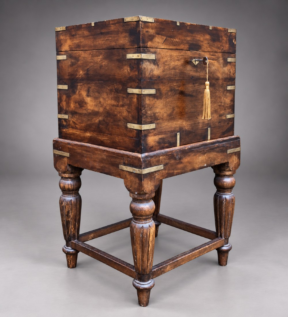 A dark teak Anglo-Indian wine cellarette box with brass corner mounts resting on a carved turned-leg wooden stand.