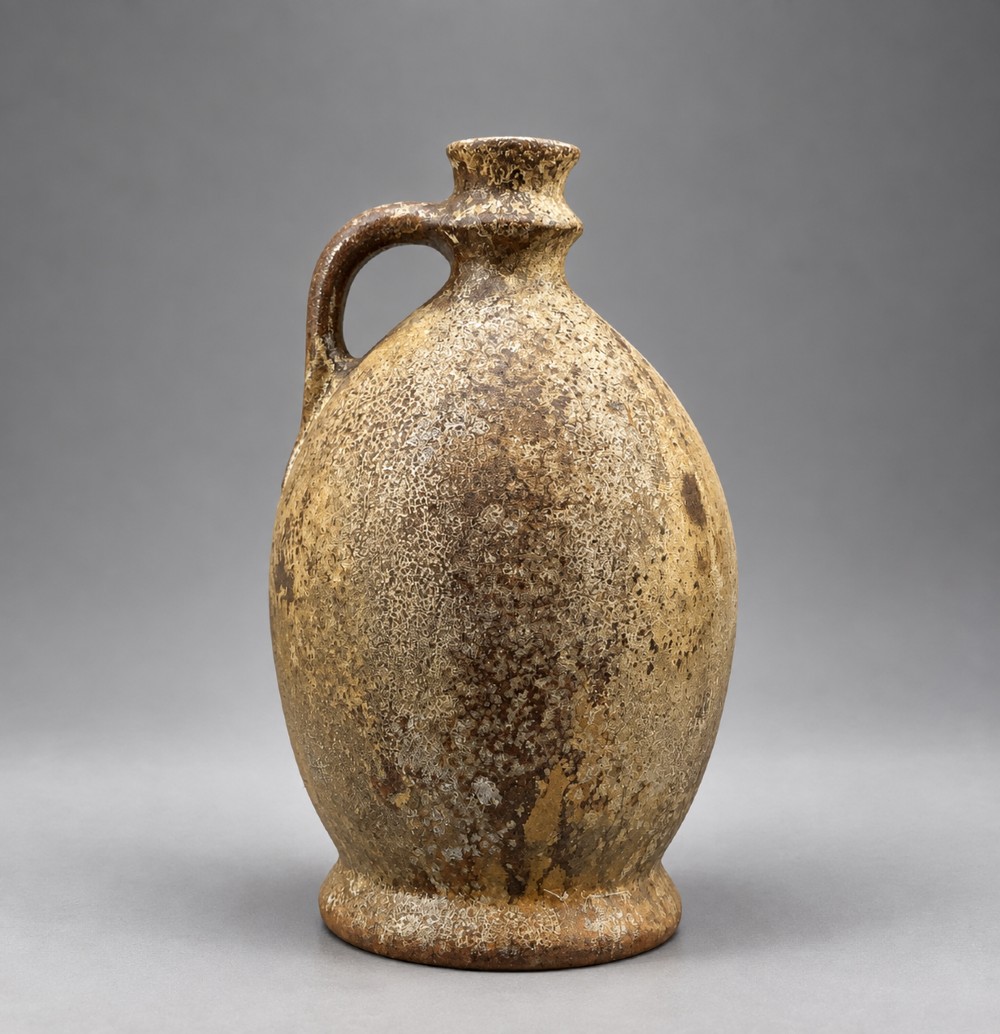 A 19th-century salt-glazed stoneware flagon featuring a mottled brown textured surface, narrow neck, flared rim, and a single loop handle.