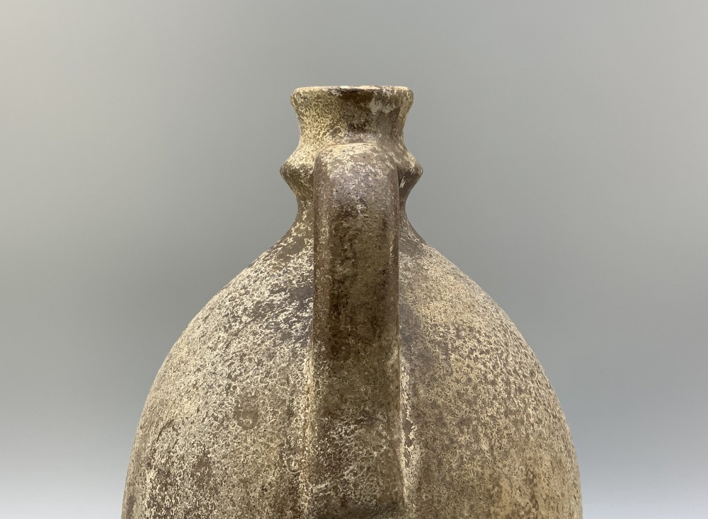 A 19th-century salt-glazed stoneware flagon featuring a mottled brown textured surface, narrow neck, flared rim, and a single loop handle. View VI