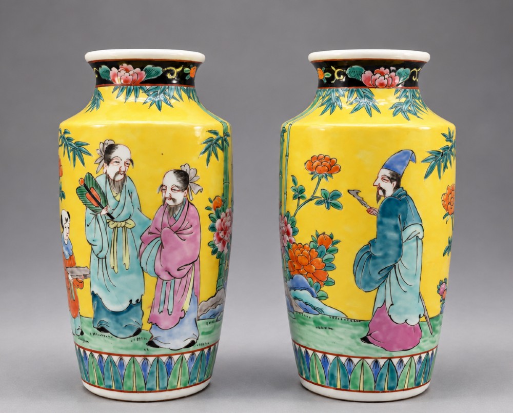 A pair of yellow ground Chinese porcelain vases decorated with painted figures, floral motifs, and green leaf borders around the base.