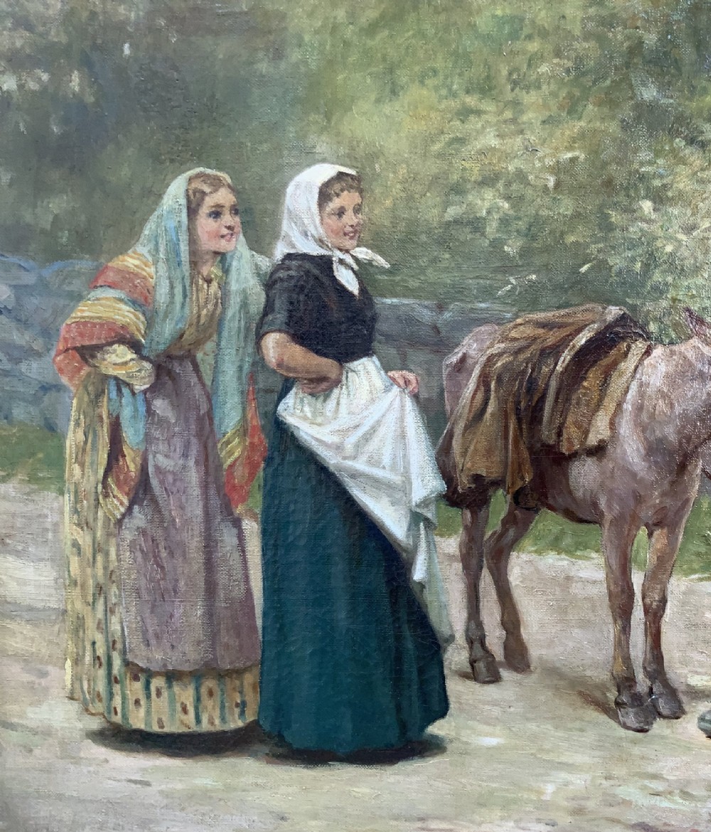 A nineteenth-century Victorian oil painting depicting a rural scene with figures and donkeys, housed inside an ornate carved giltwood frame. View VIII