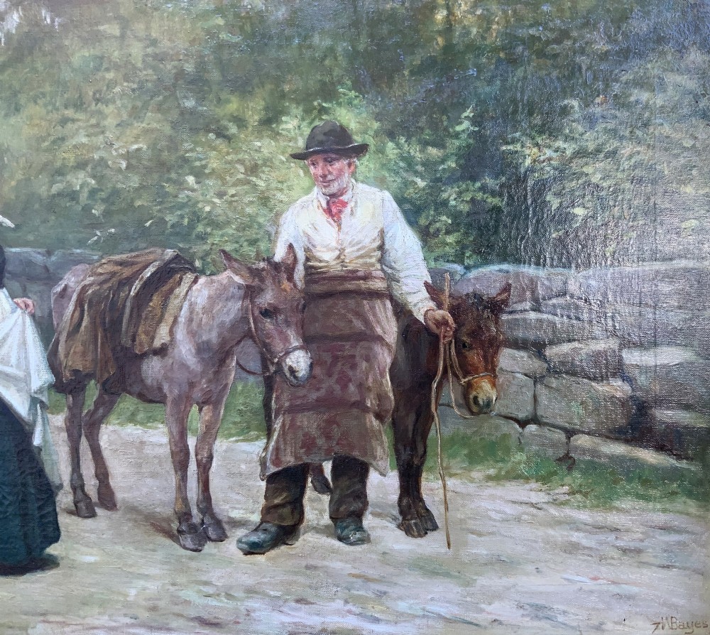 A nineteenth-century Victorian oil painting depicting a rural scene with figures and donkeys, housed inside an ornate carved giltwood frame. View IX