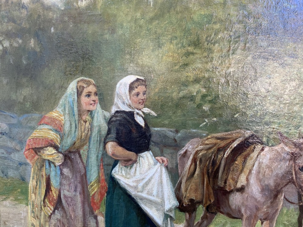 A nineteenth-century Victorian oil painting depicting a rural scene with figures and donkeys, housed inside an ornate carved giltwood frame. View XI