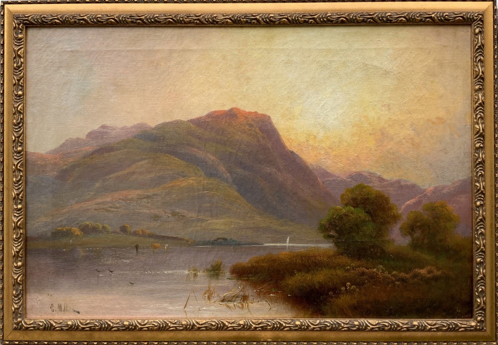 A nineteenth-century oil painting on canvas depicting a Scottish loch and mountains illuminated by a sunset, displayed within a gilt carved frame.