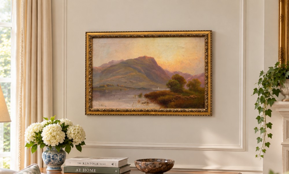 A nineteenth-century oil painting on canvas depicting a Scottish loch and mountains illuminated by a sunset, displayed within a gilt carved frame. View II