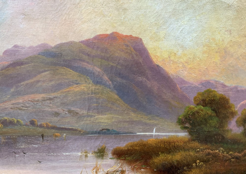 A nineteenth-century oil painting on canvas depicting a Scottish loch and mountains illuminated by a sunset, displayed within a gilt carved frame. View IV