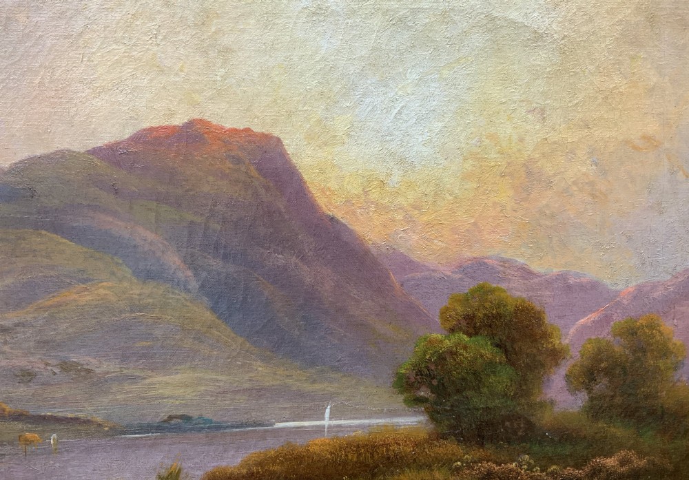 A nineteenth-century oil painting on canvas depicting a Scottish loch and mountains illuminated by a sunset, displayed within a gilt carved frame. View IX