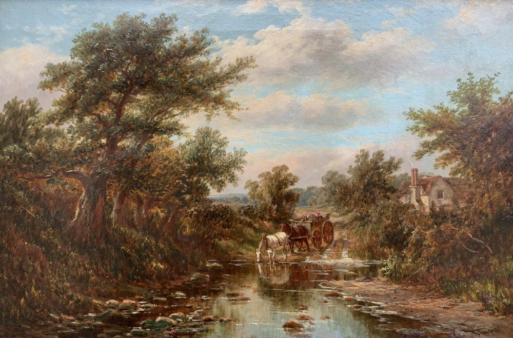 A Victorian landscape oil painting depicting a rural scene with a horse-drawn cart crossing a stream beside mature trees and a cottage, set in an ornate gilt frame. View II