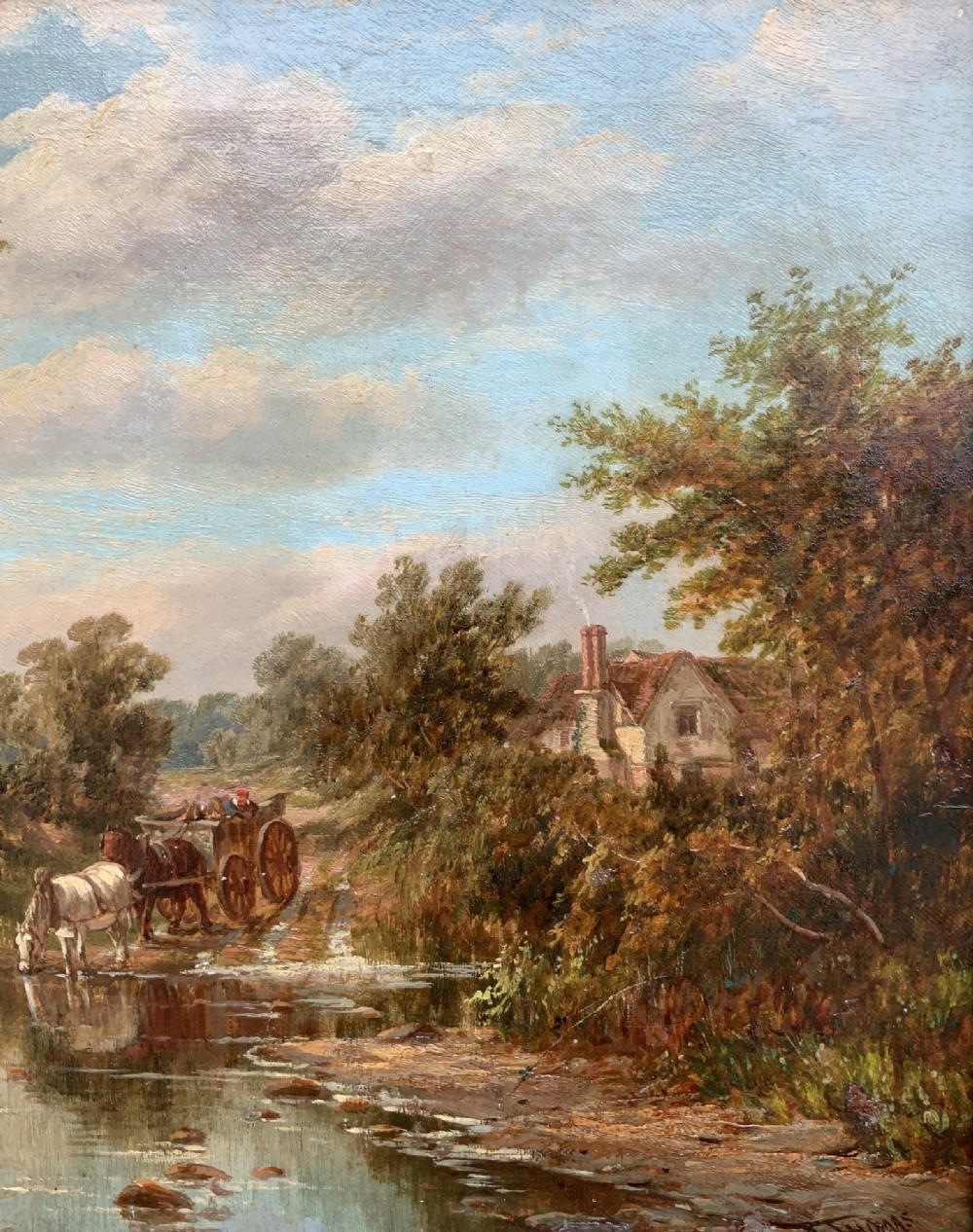 A Victorian landscape oil painting depicting a rural scene with a horse-drawn cart crossing a stream beside mature trees and a cottage, set in an ornate gilt frame. View IV