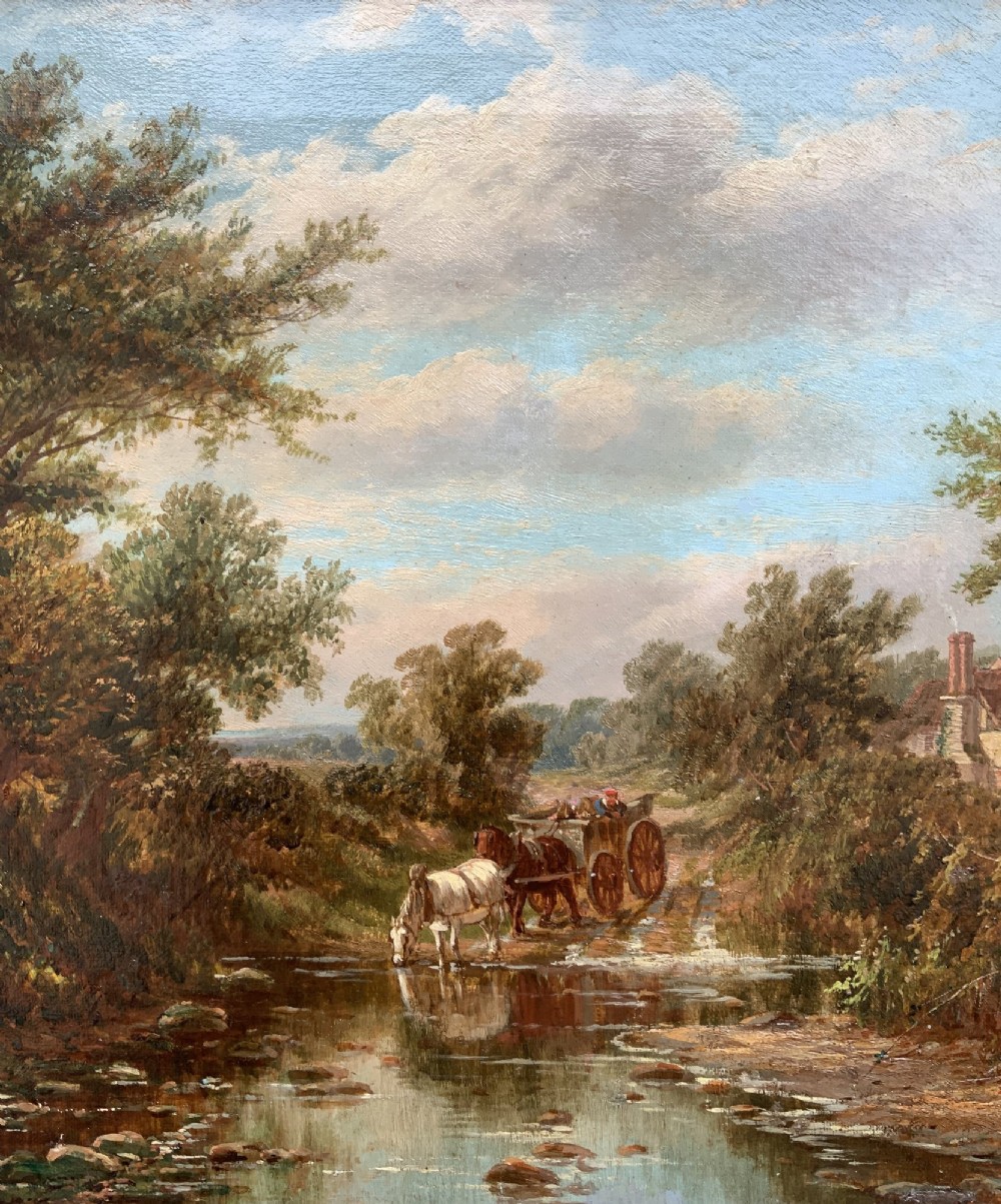A Victorian landscape oil painting depicting a rural scene with a horse-drawn cart crossing a stream beside mature trees and a cottage, set in an ornate gilt frame. View V