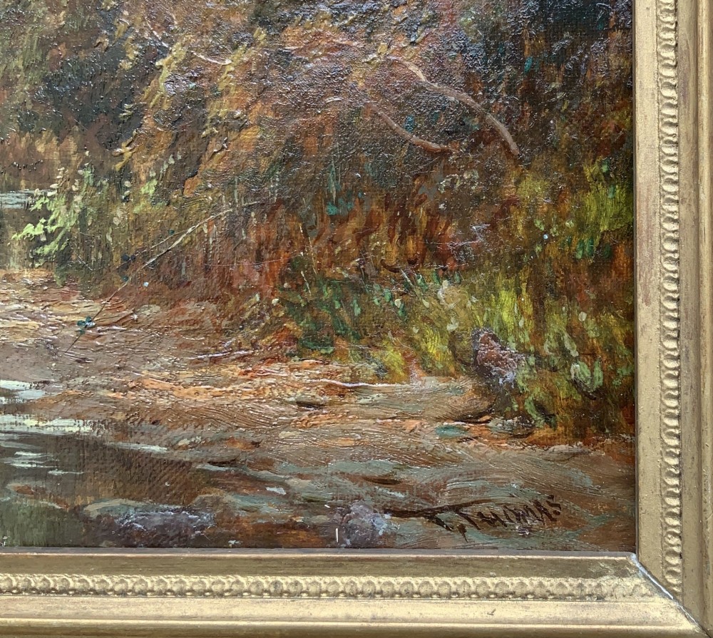 A Victorian landscape oil painting depicting a rural scene with a horse-drawn cart crossing a stream beside mature trees and a cottage, set in an ornate gilt frame. View VIII