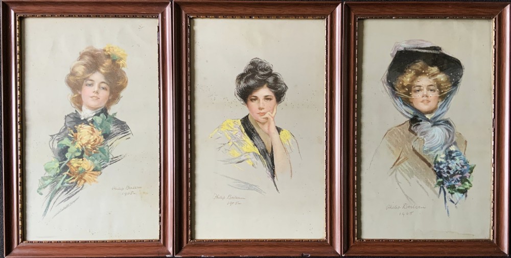 A set of three framed Edwardian portrait prints by Philip Boileau, dated 1905, depicting women in period fashion set within dark wood frames.