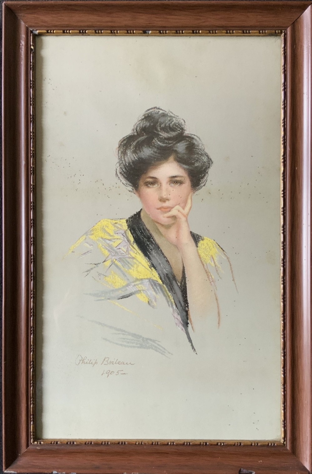 A set of three framed Edwardian portrait prints by Philip Boileau, dated 1905, depicting women in period fashion set within dark wood frames. View II