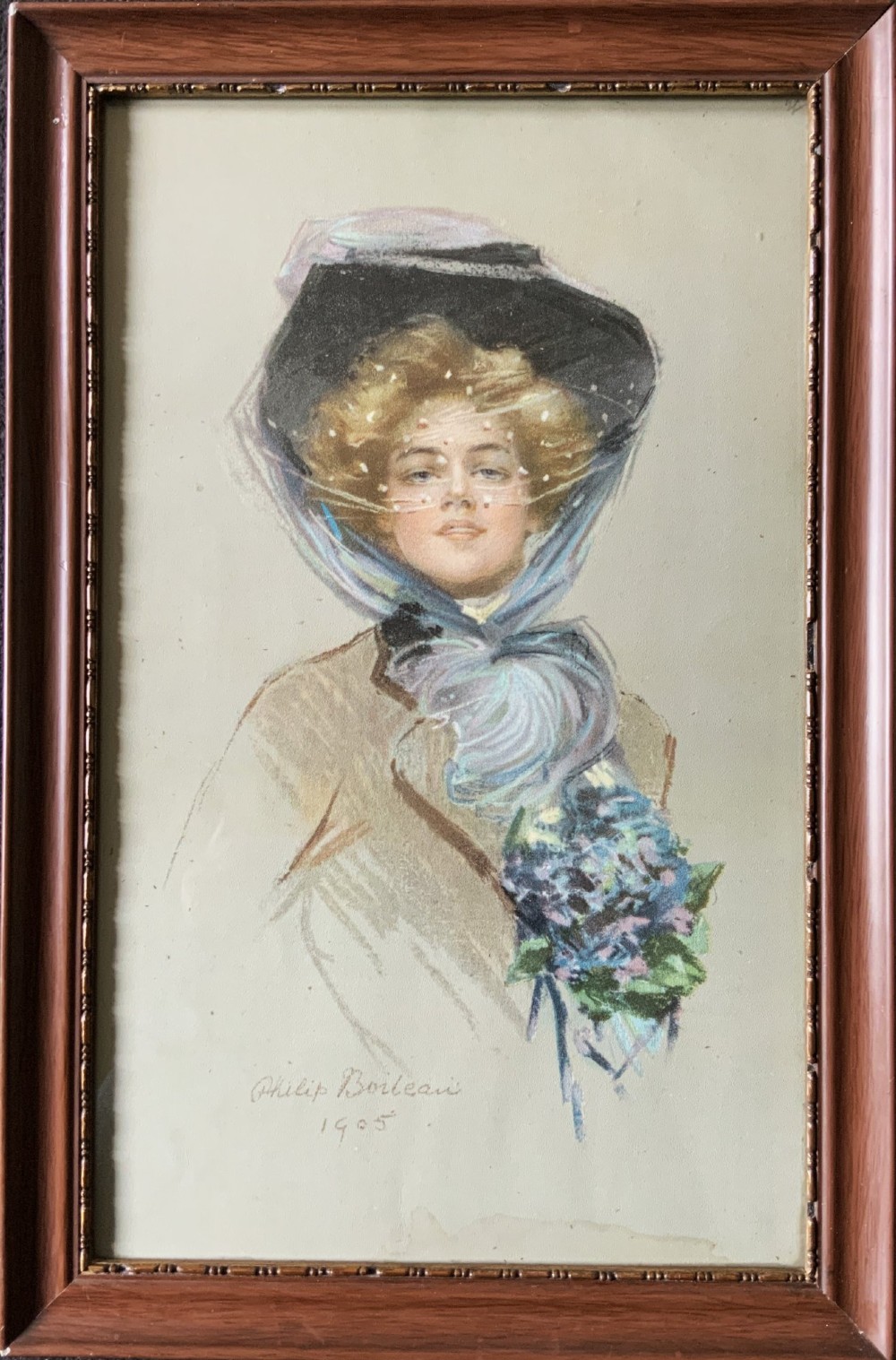 A set of three framed Edwardian portrait prints by Philip Boileau, dated 1905, depicting women in period fashion set within dark wood frames. View V