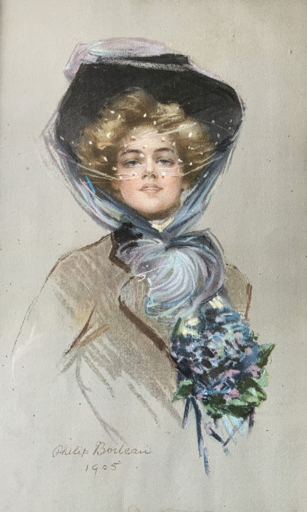 A set of three framed Edwardian portrait prints by Philip Boileau, dated 1905, depicting women in period fashion set within dark wood frames. View VI