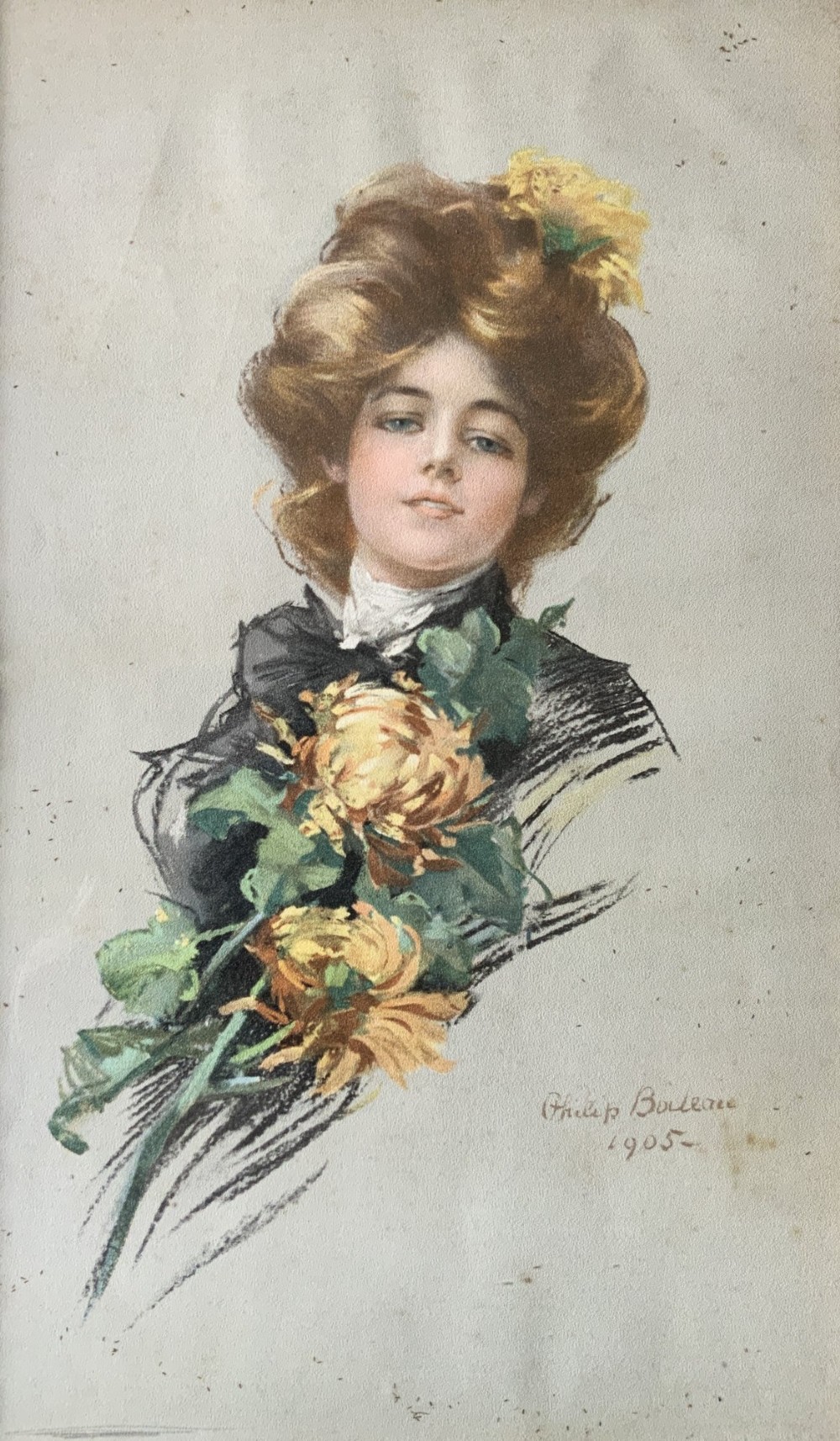 A set of three framed Edwardian portrait prints by Philip Boileau, dated 1905, depicting women in period fashion set within dark wood frames. View VII