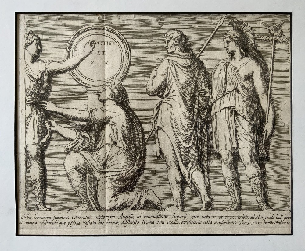 A monochrome 17th-century etching depicting four Classical Roman figures with drapery alongside Latin inscriptions.