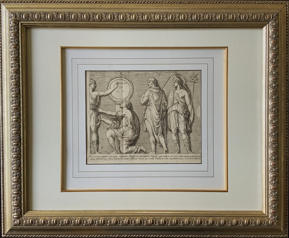 A monochrome 17th-century etching depicting four Classical Roman figures with drapery alongside Latin inscriptions. View II