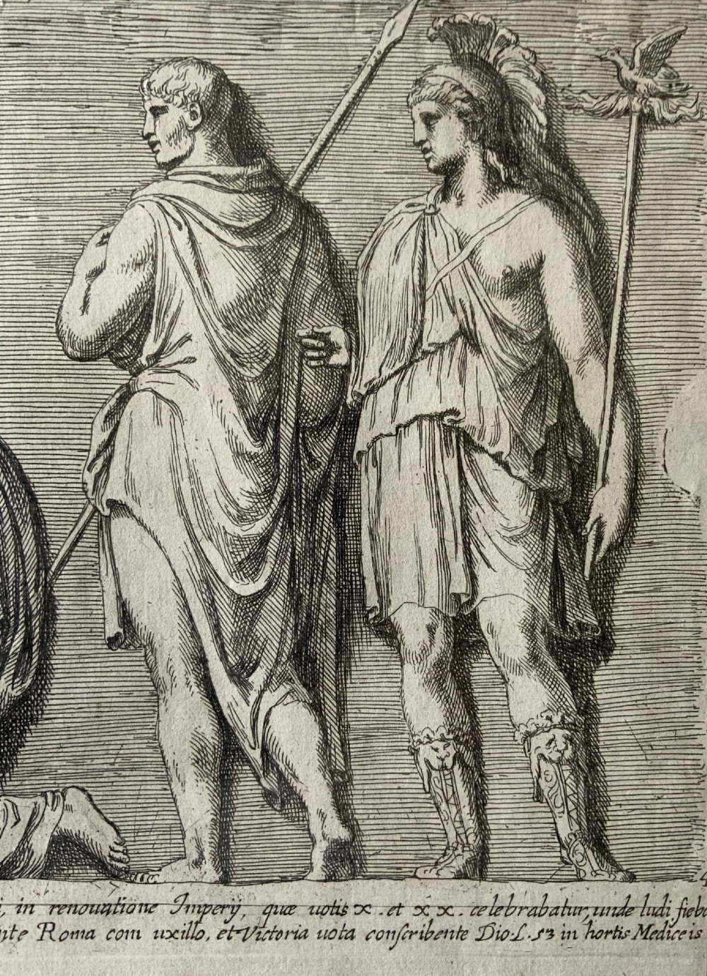A monochrome 17th-century etching depicting four Classical Roman figures with drapery alongside Latin inscriptions. View III