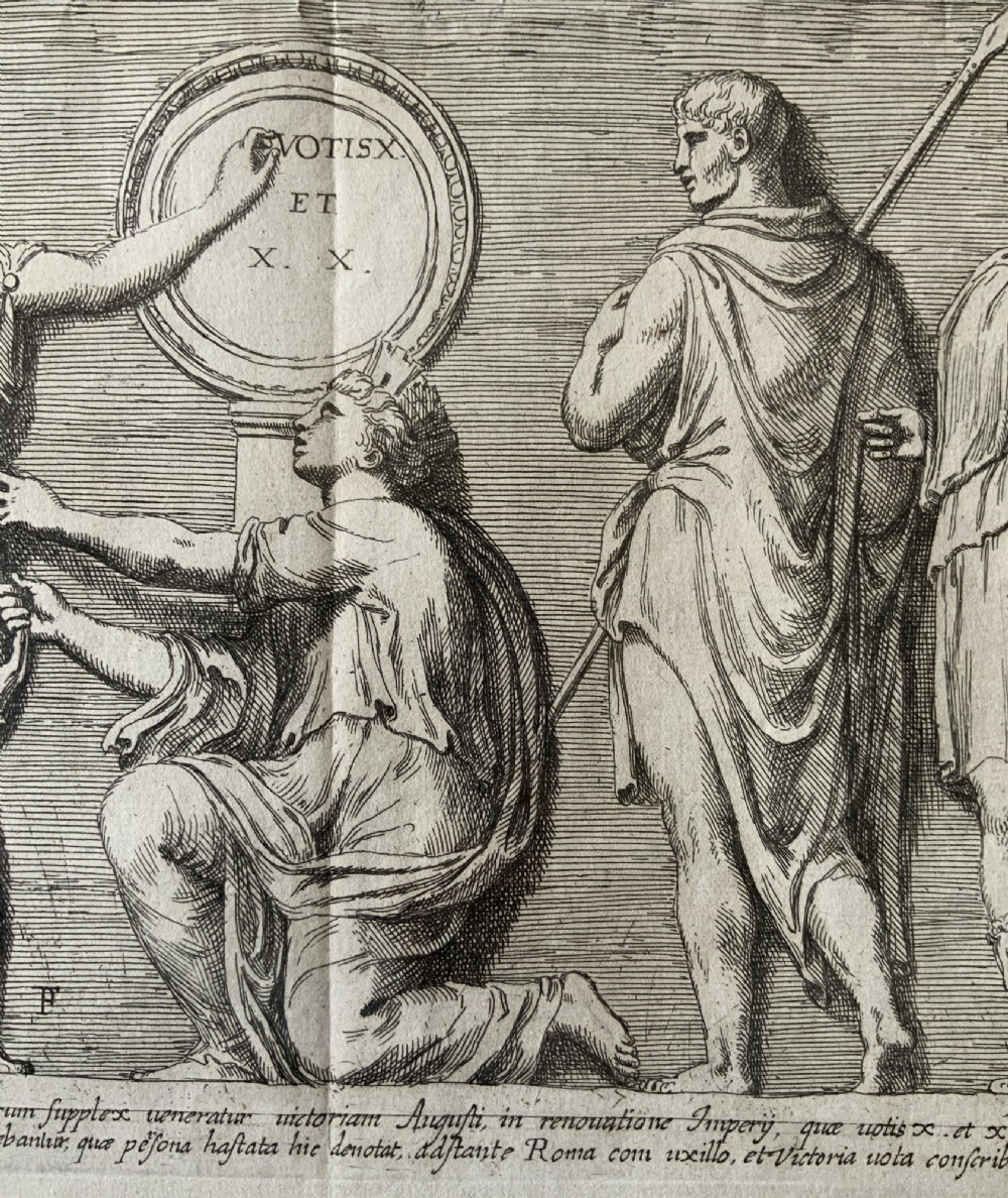 A monochrome 17th-century etching depicting four Classical Roman figures with drapery alongside Latin inscriptions. View IV