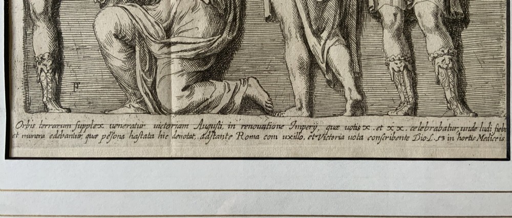 A monochrome 17th-century etching depicting four Classical Roman figures with drapery alongside Latin inscriptions. View VI