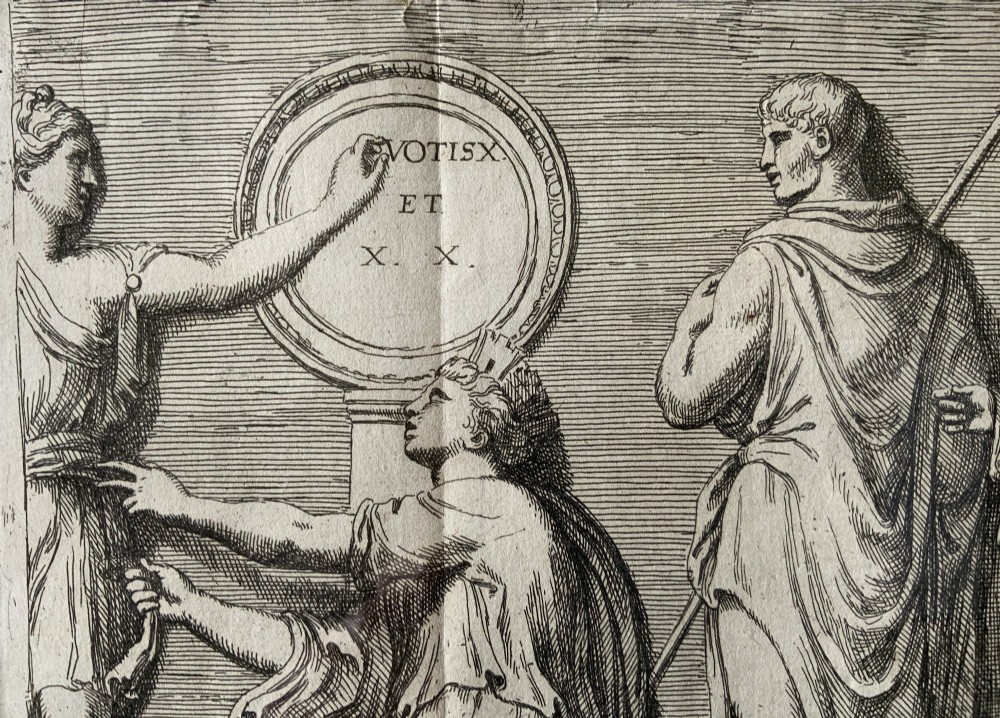 A monochrome 17th-century etching depicting four Classical Roman figures with drapery alongside Latin inscriptions. View VII