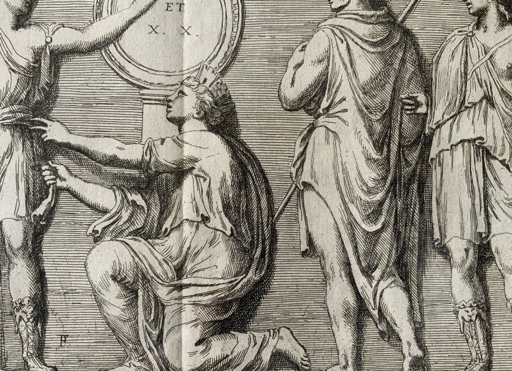 A monochrome 17th-century etching depicting four Classical Roman figures with drapery alongside Latin inscriptions. View VIII