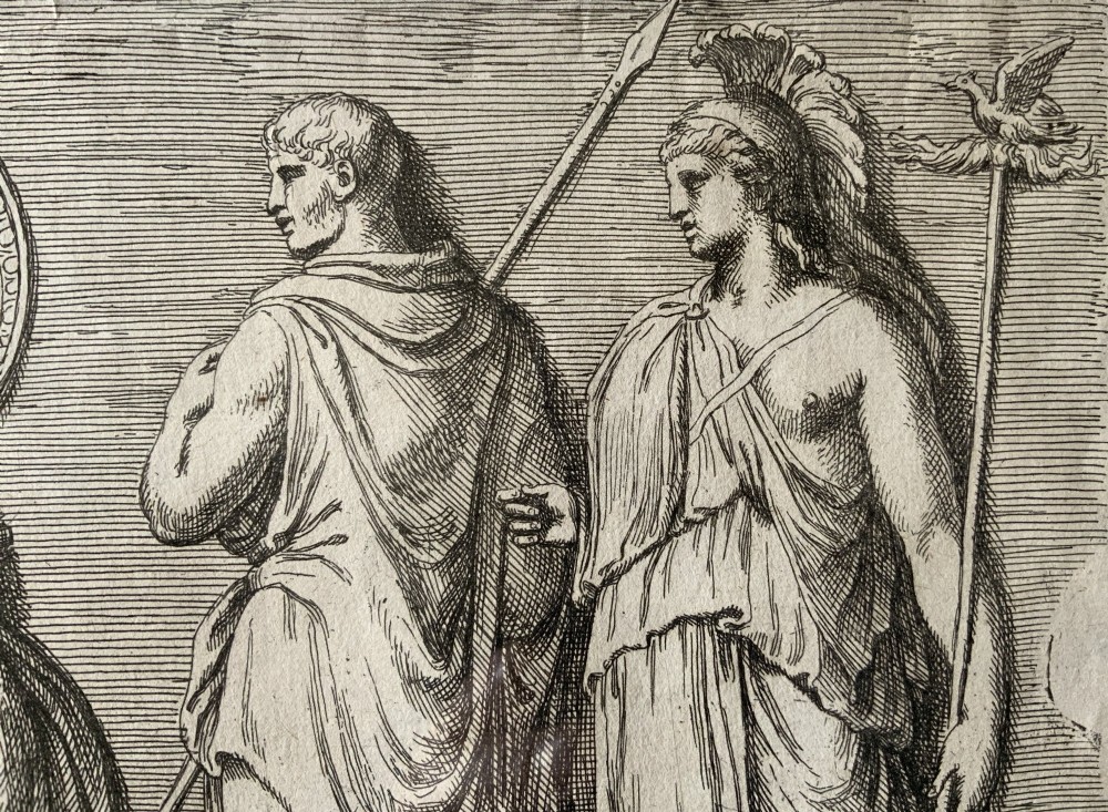 A monochrome 17th-century etching depicting four Classical Roman figures with drapery alongside Latin inscriptions. View IX