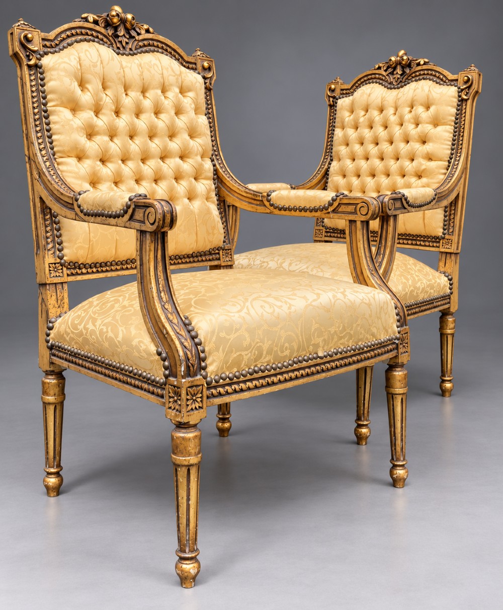 A pair of 19th-century giltwood open armchairs featuring carved leaf detailing, button-tufted gold damask upholstery, and fluted front legs. View II