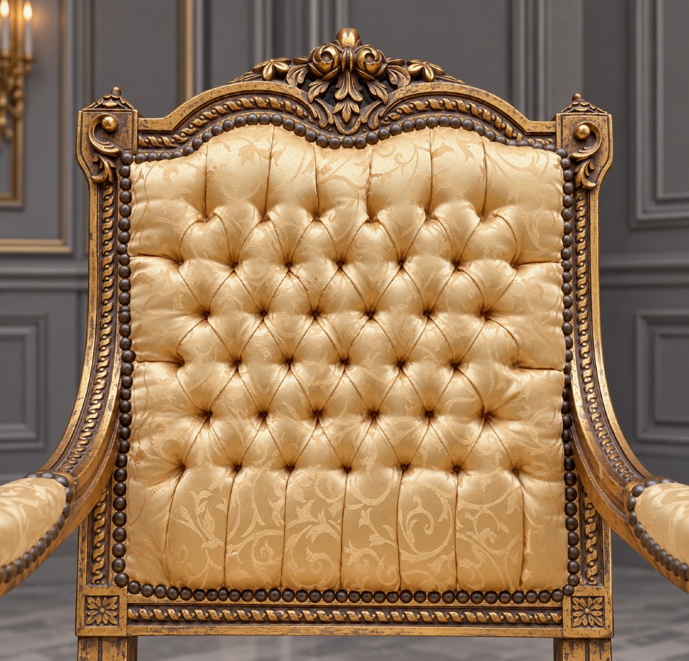A pair of 19th-century giltwood open armchairs featuring carved leaf detailing, button-tufted gold damask upholstery, and fluted front legs. View VII