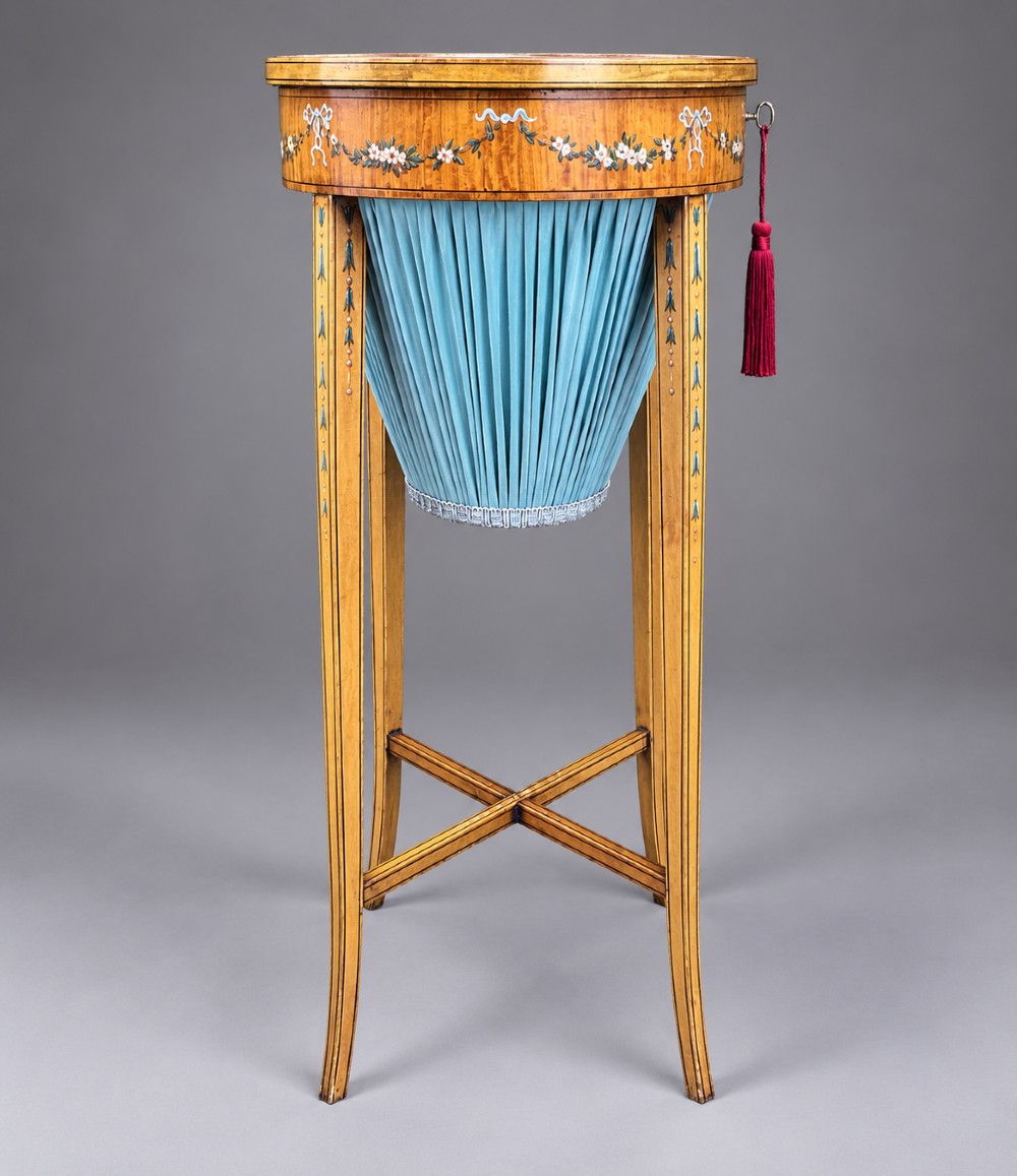 An oval satinwood sewing table featuring hand-painted floral swags, slender tapered legs, an X-form stretcher, and a pleated light blue fabric work basket suspended below. View III