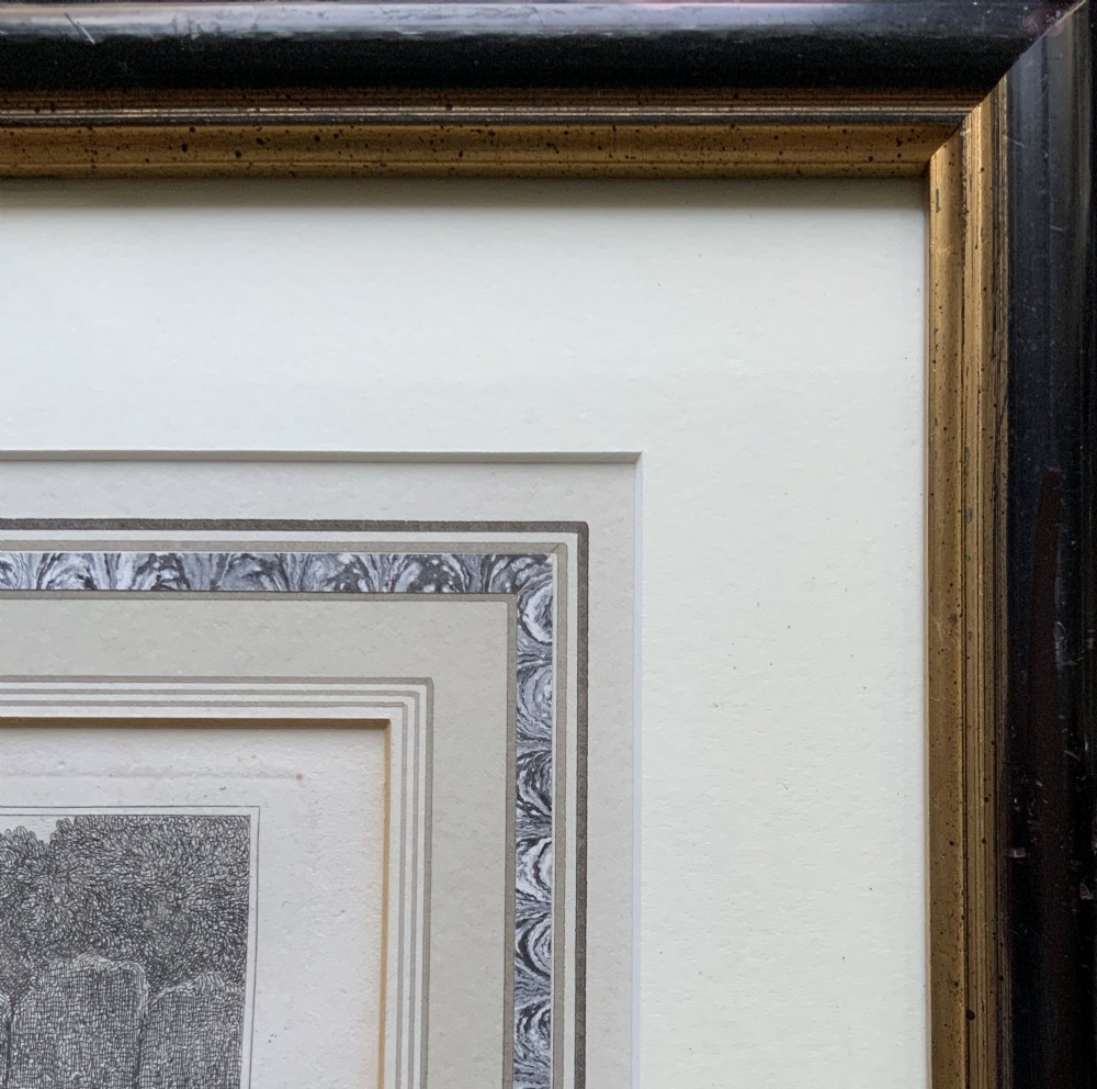 An antique monochrome etching depicting a spotted pig outdoors, presented in a decorative mount and a black wooden frame with gold inner moulding. View IX
