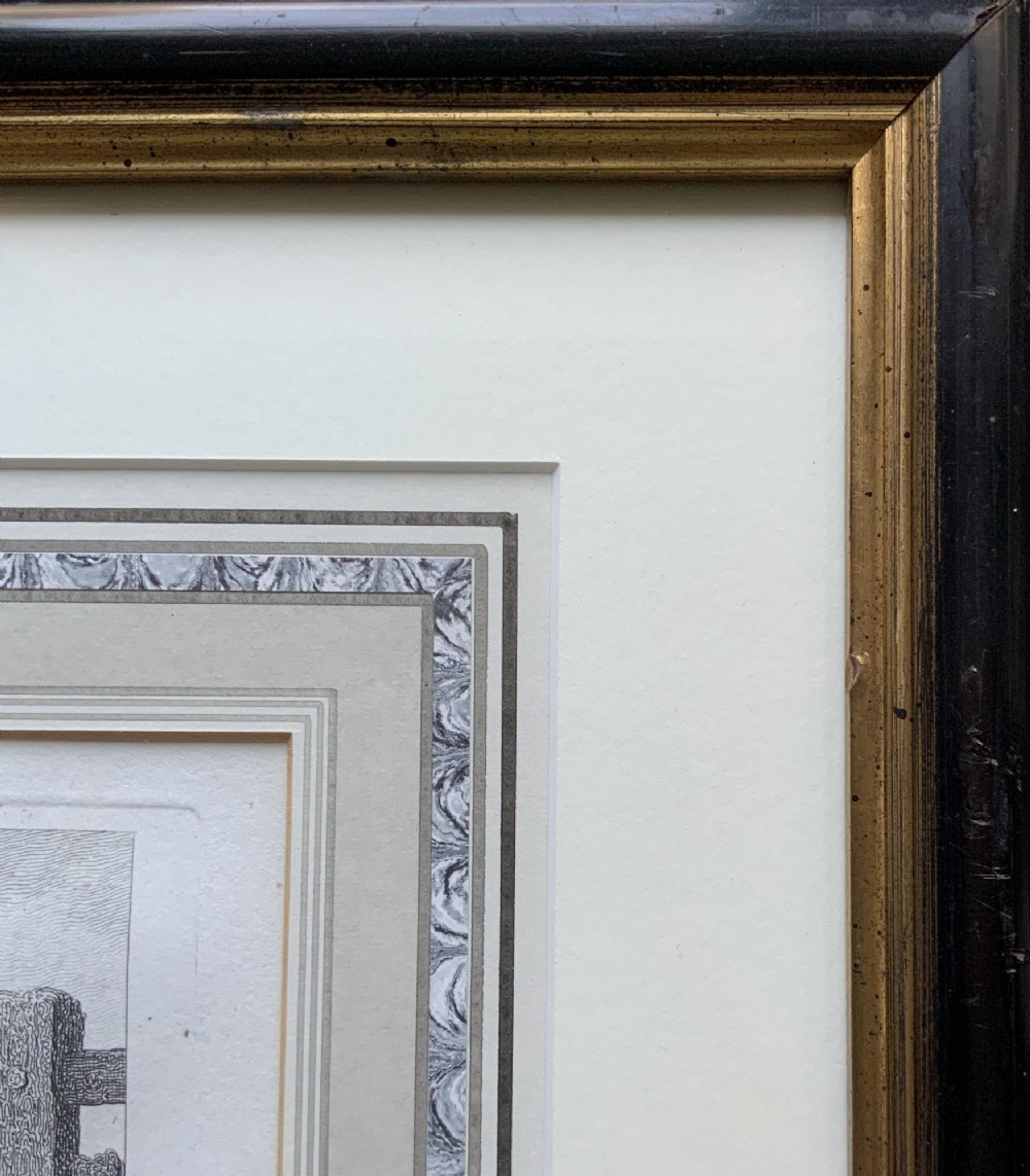 A framed antique monochrome etching depicting pigs feeding at a trough with poultry on a wooden fence, presented in a black and gilt frame. View VIII