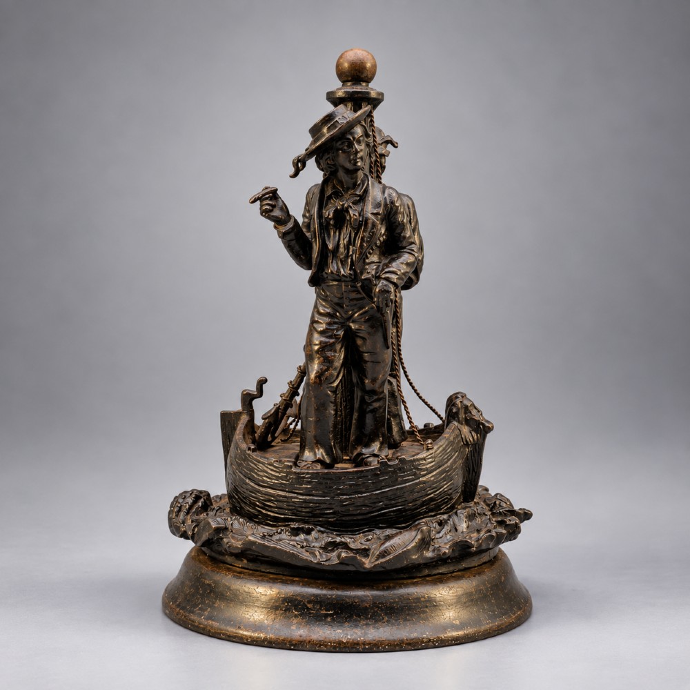A nineteenth-century dark patinated bronze sculpture depicting two fishermen standing in a small vessel atop sculpted ocean waves, mounted on a rounded base. View V