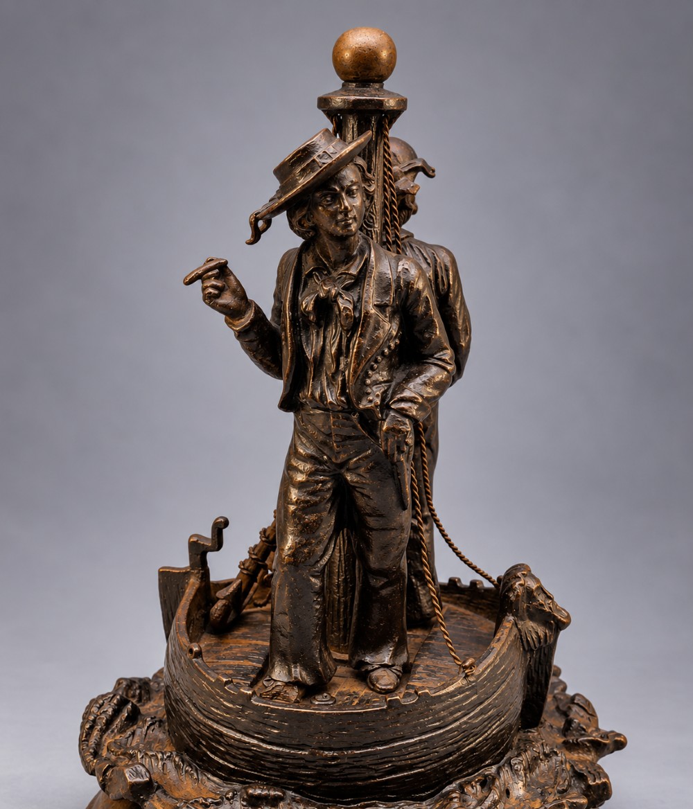 A nineteenth-century dark patinated bronze sculpture depicting two fishermen standing in a small vessel atop sculpted ocean waves, mounted on a rounded base. View IX